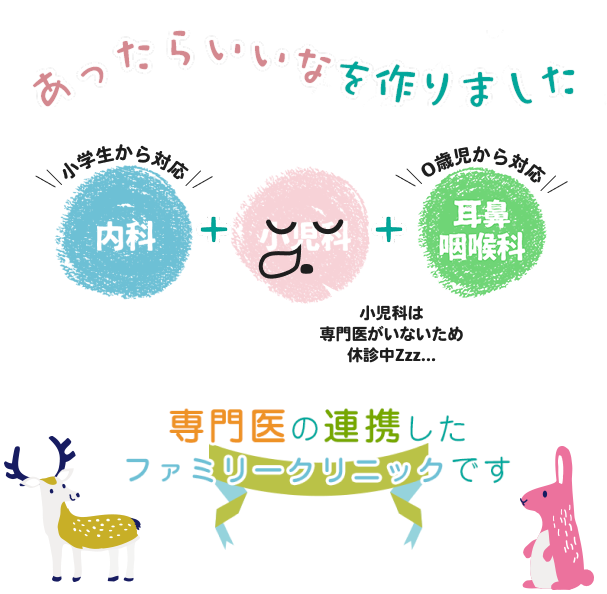 あったらいいなを作りました作りました　内科＋小児診療＋耳鼻咽喉科　専門医の連携したファミリークリニック